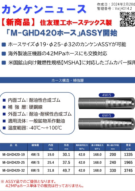 超高圧ホース「M-GHD420ホース」ASSY開始